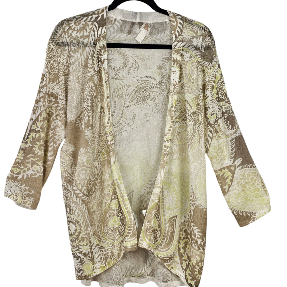 Chicos white lime taupe paisley print hilo cardigan sweater size 2